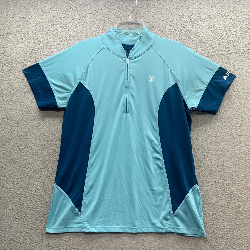 Artiat Tech High Neck Men’s Size XL Polo Shirt Teal Blue Colorblock 1/4 Zip Logo